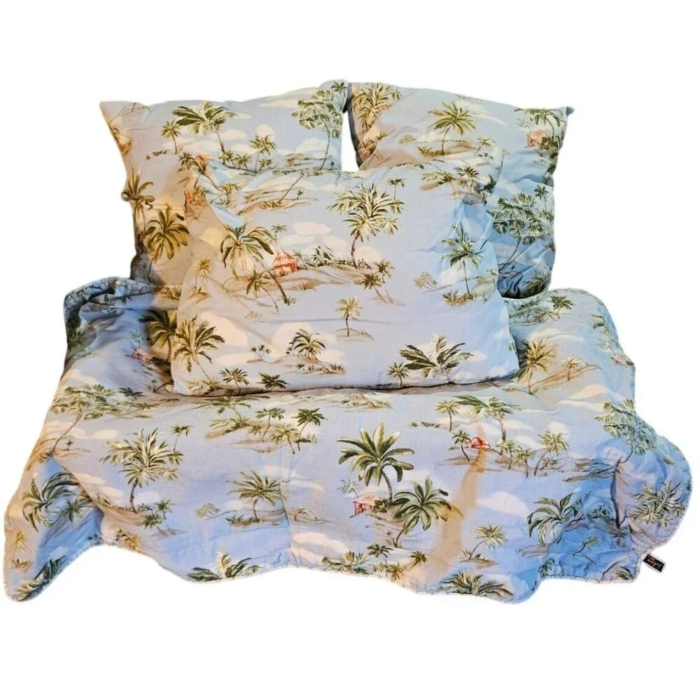 5 pc King Bed Sham Set Tropical Palm Fashion On 5th Cotton Light Blue Green Read